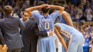 UNC's Nate Britt during a timeout.  Courtesy: GoHeels.com