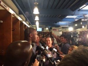 Martellus Bennett talks with the media