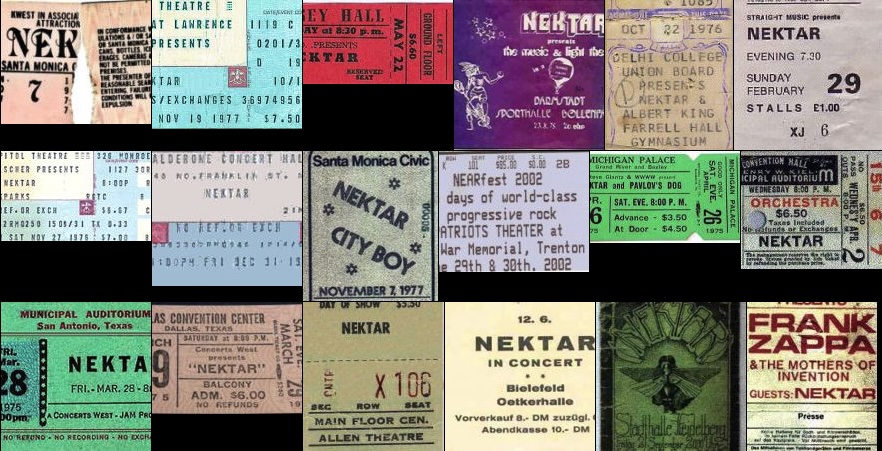 Collage of vintage Nektar concert ticket stubs from the 1970s