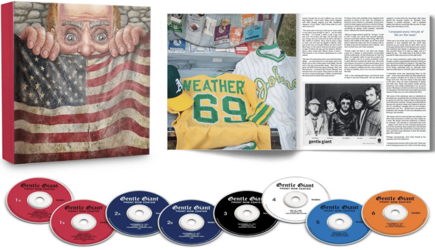 Gentle Giant Front Row Center box set, sample book pages and the eight CDs laid out
