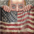 Front Row Center cover art: a wide-eyed cartoon man peeking over a weathered American flag