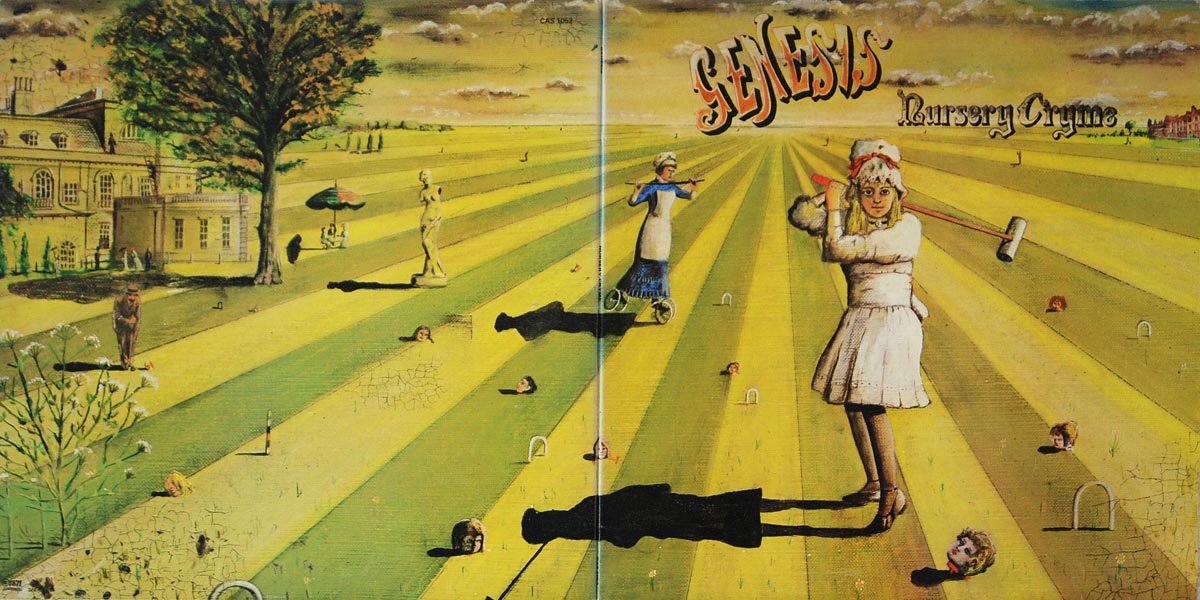 Open gatefold of Genesis's Nursery Cryme album, showing a painted croquet lawn with a girl swinging a mallet, a tree and a large house.