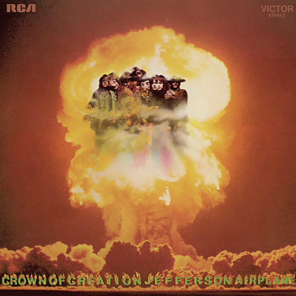Album cover for Jefferson Airplane's Crown of Creation, showing the band members' faces in the center of an orange mushroom cloud.