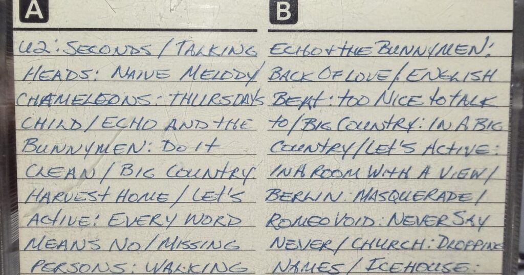 A handwritten cassette J-card from an early 1980s mixtape